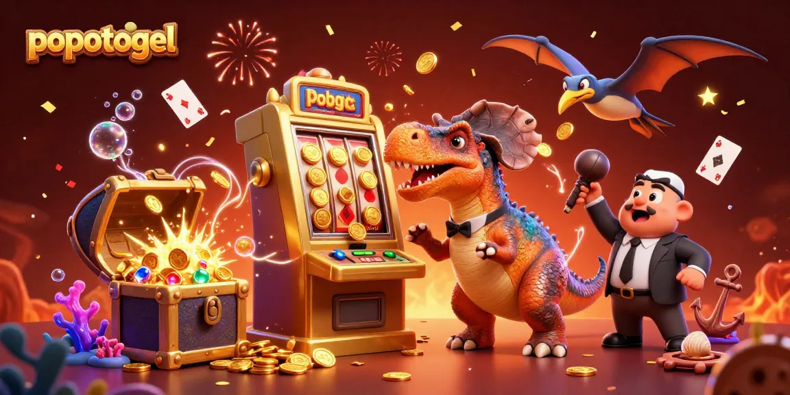 Experience popotogel's thrilling jackpot action with a colorful scene of dinosaurs and dynamic slot machines.