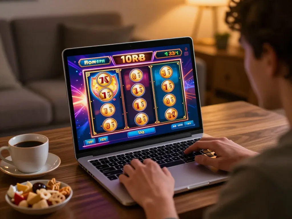 Player enjoying slot deposit 10rb gameplay on laptop in cozy home setting.