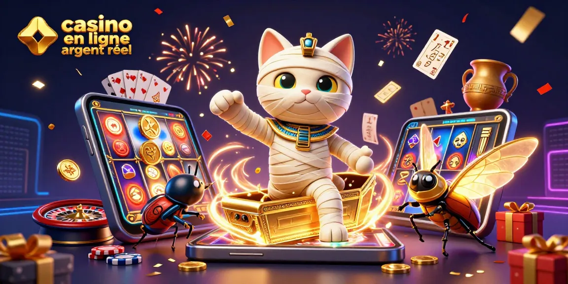 Profitez du casino en ligne argent réel avec un chat momie égyptien et un scarabée doré.