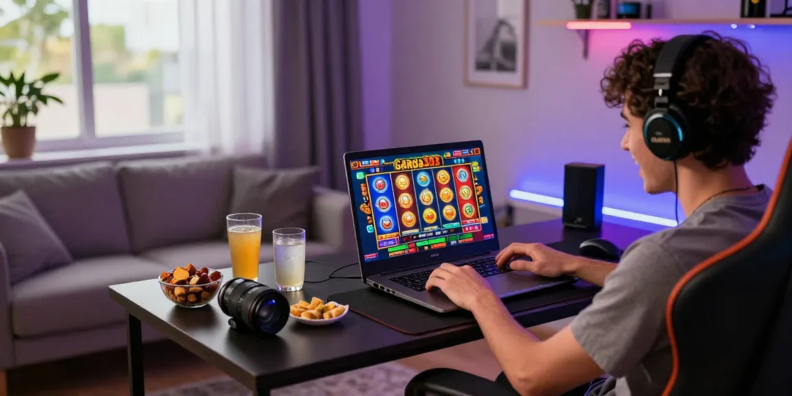 Exciting moment playing garuda303 slot at a vibrant home gaming setup.