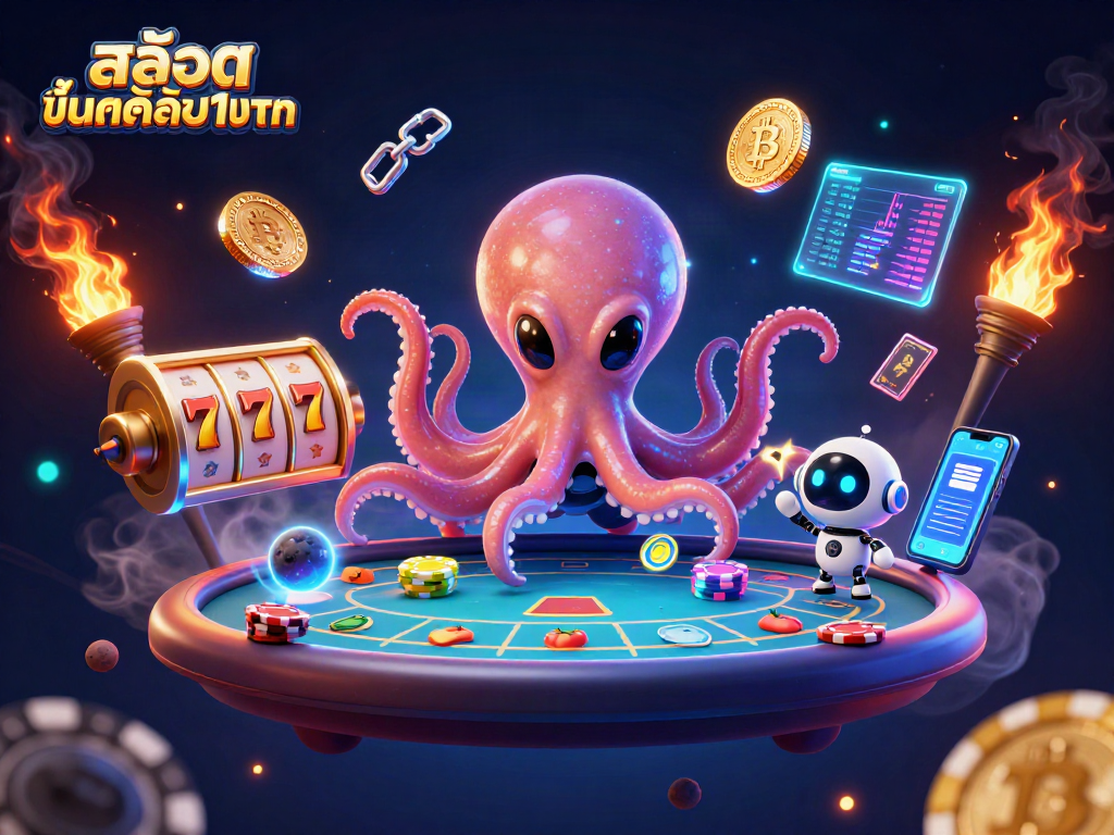 Engage in thrilling action with สล็อตฝากขั้นต่ำ1บาท at a cosmic poker table featuring an alien octopus and more.