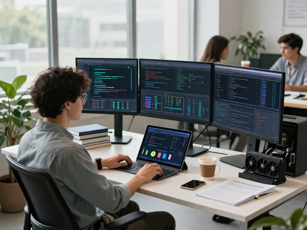 Detect AI image analysis workspace with data scientist and technology tools.