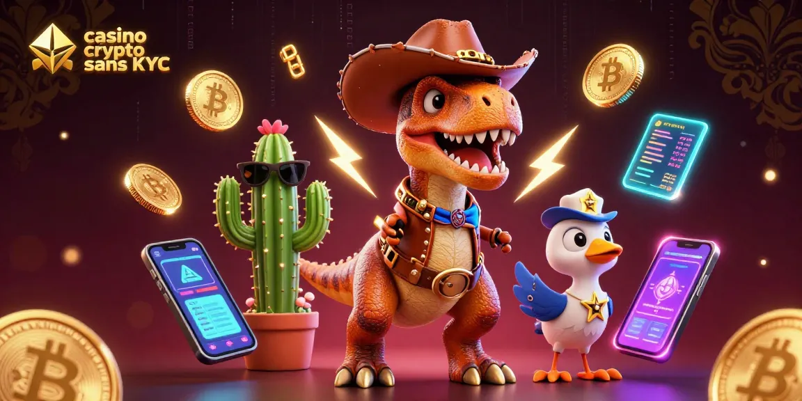 Profitez du plaisir du casino crypto sans KYC avec un dinosaure et des personnages colorés.