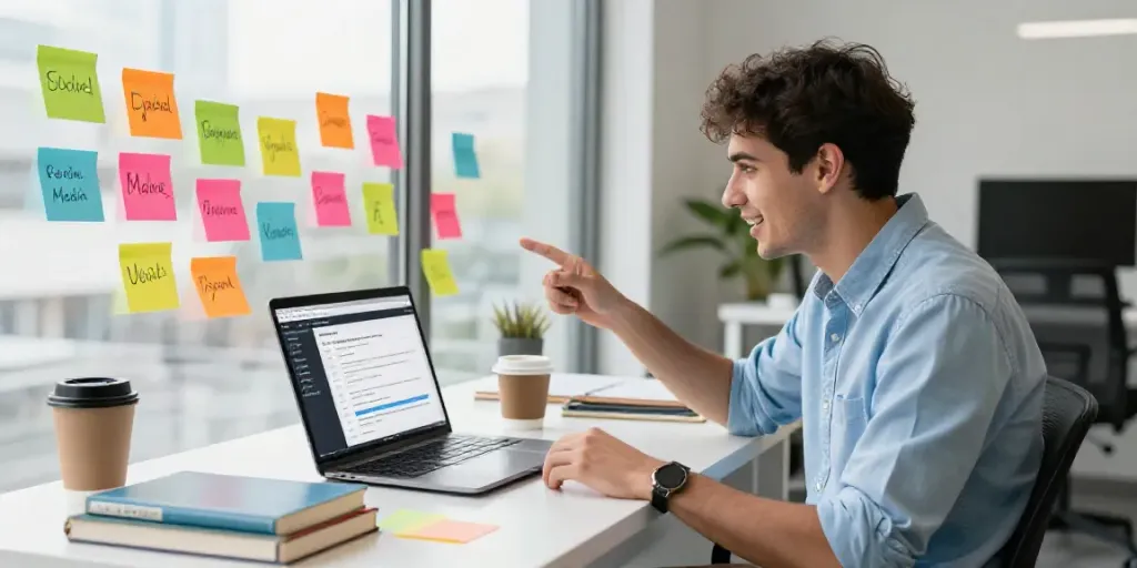 Generate social media bios with AI in a bright marketing workspace.