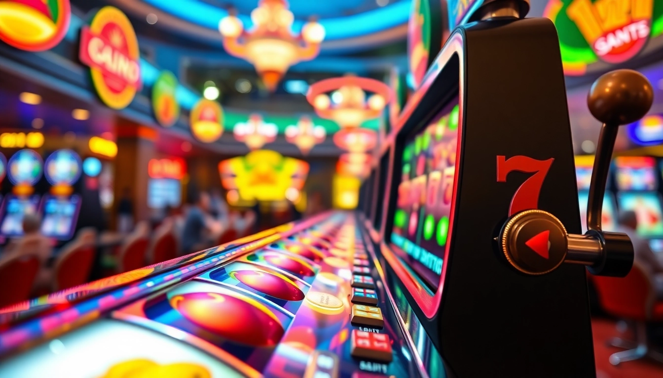 Slot77 menarik dengan mesin slot cerah dan simbol keberuntungan di kasino.