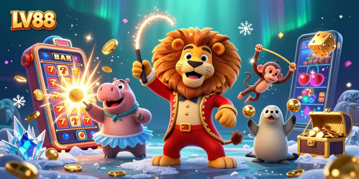 Experience thrilling jackpots with LV88's vibrant circus casino illustration showcasing unique characters and action.