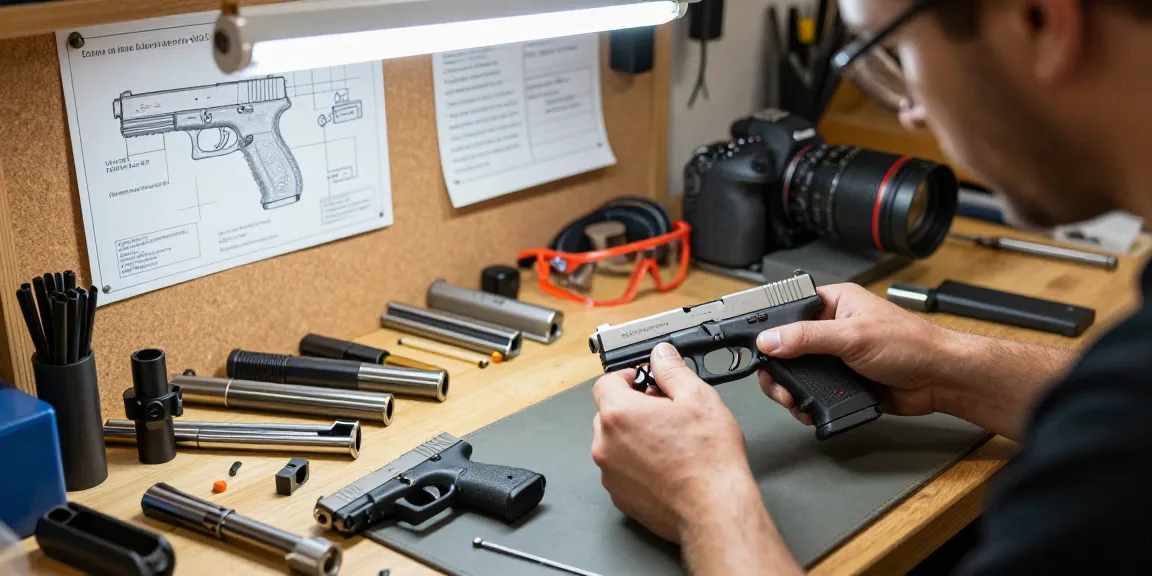 Gunsmith at https://precisionglockslides.com customizing a precision Glock slide with tools and accessories.