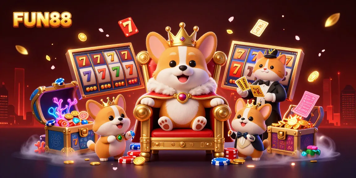 Experience thrilling slot adventures with FUN88's vibrant 3D casino illustration featuring a royal corgi and rich gaming elements.