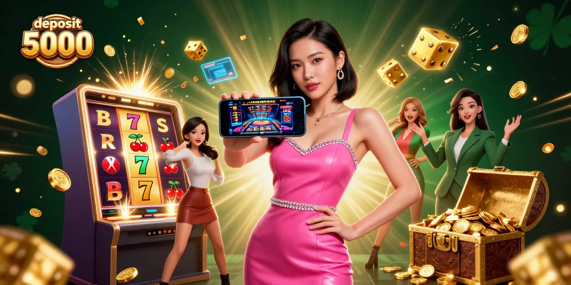 Engaging scene with a stunning Asian woman showcasing a smartphone game in vibrant casino elements around her, emphasizing deposit 5000.
