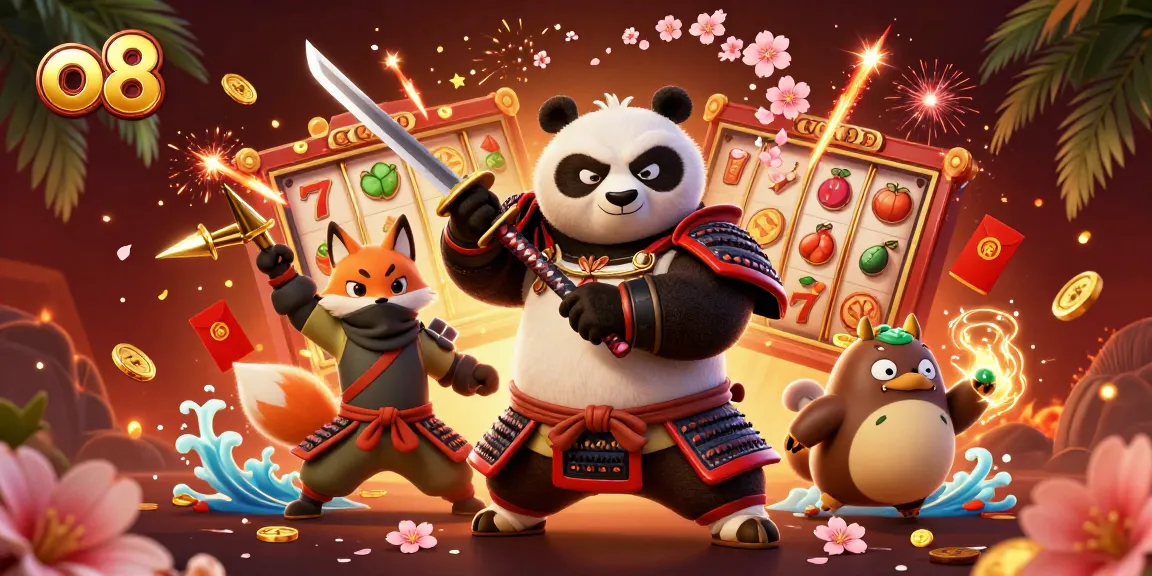 Play slots at o8 with a fierce panda samurai, a ninja fox, and magical elements in a vibrant casino scene.