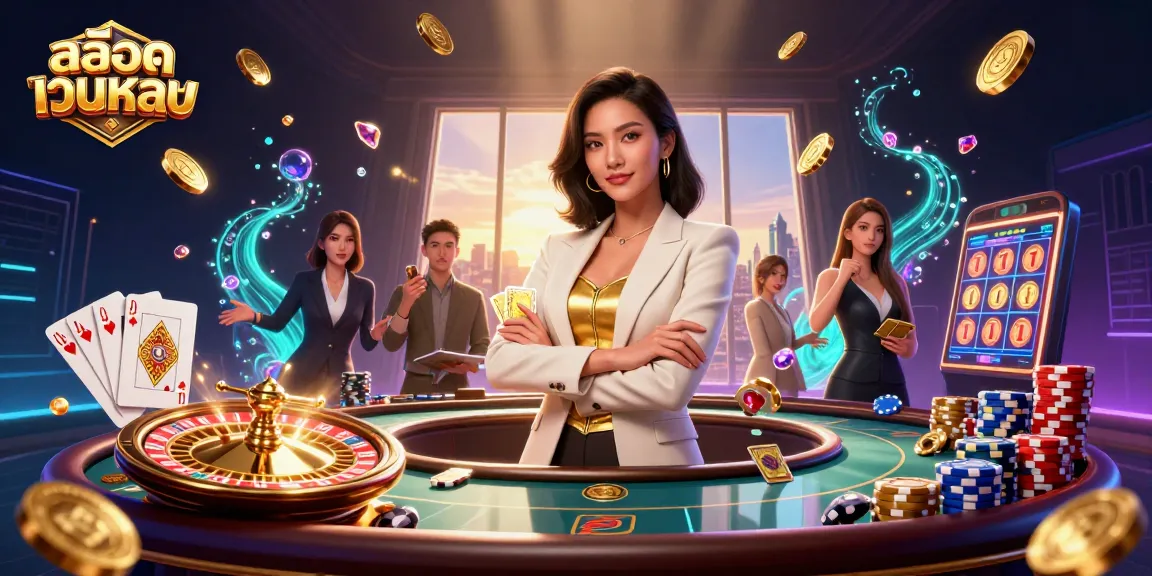 Spin to win with สล็อตเว็บตรง as a glamorous Asian woman holds a golden deck of cards amidst vibrant casino elements.