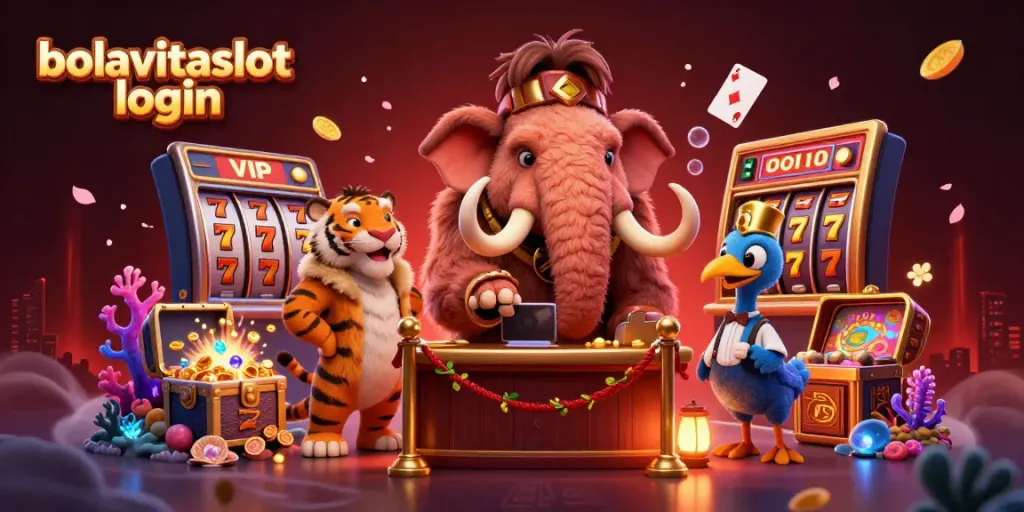 Experience bolavitaslot login session with vibrant, engaging casino scene of dynamic characters and slot elements