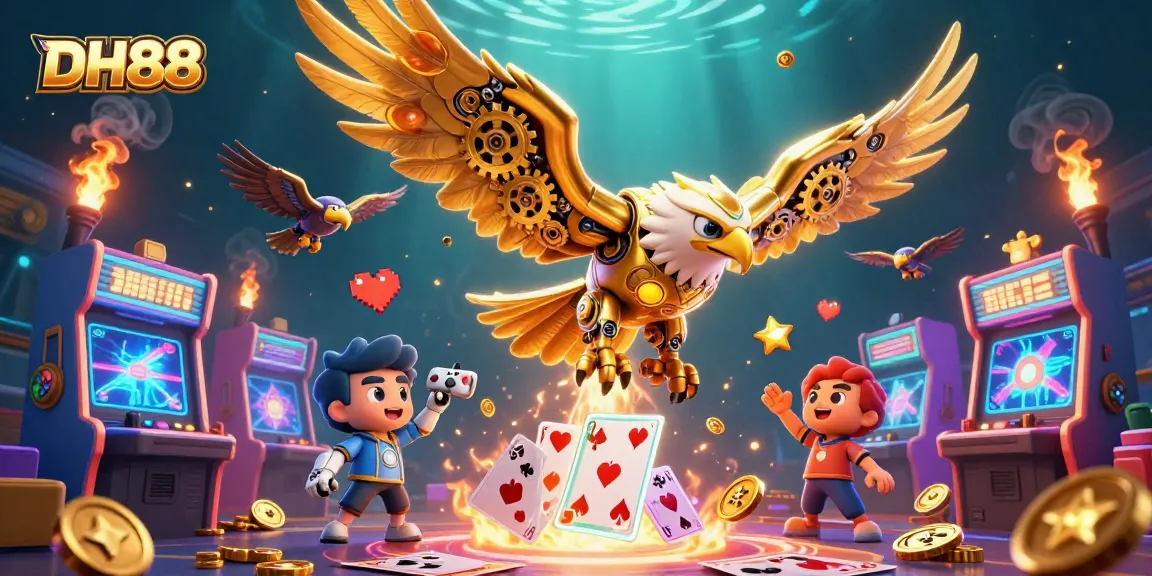 Experience thrilling gameplay at DH88 with vibrant arcade elements and a cybernetic eagle.