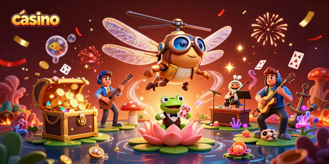 Enjoy exciting games at our casino with a whimsical dragonfly pilot and frog croupier.