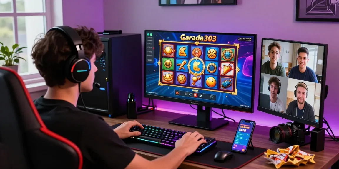 Exciting garuda303 slot gaming scene with vibrant graphics and modern accessories in a stylish setup.