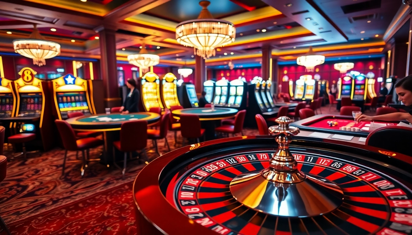 Scène passionnante de casino en ligne Français 2026 mettant en avant des joueurs à la roulette et aux machines à sous.
