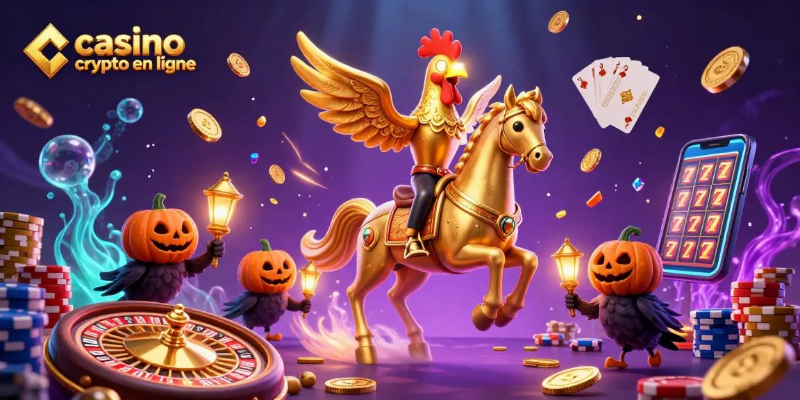 Plongez dans l'univers du casino crypto en ligne avec une illustration dynamique des personnages de casino et un décor magiquement illuminé.
