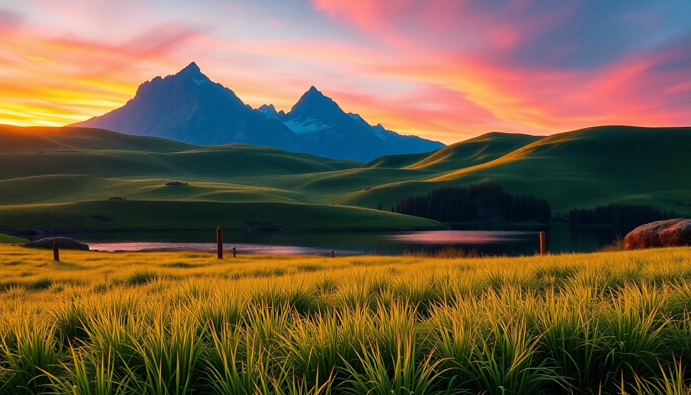Colorful landscapes at sunrise with lush hills and tranquil lake reflecting the sky.