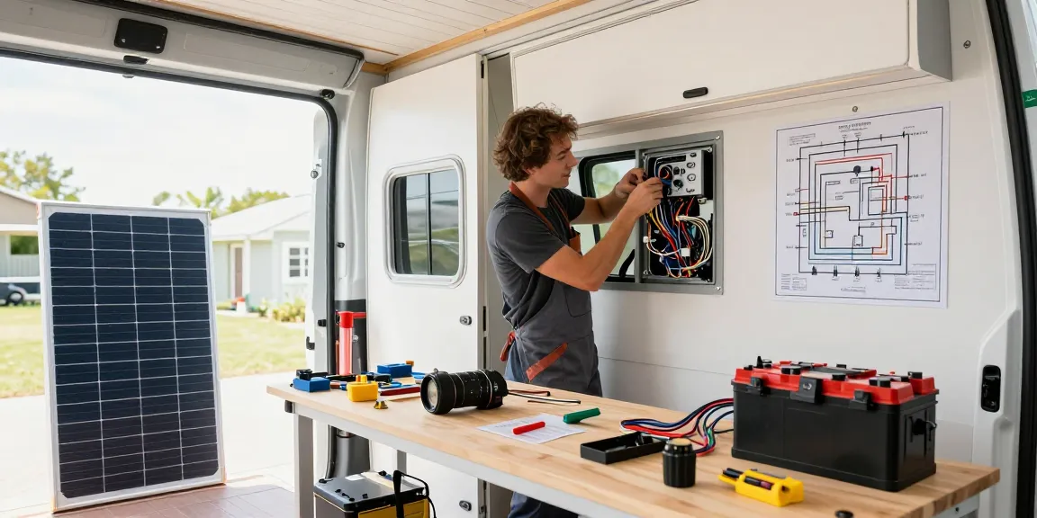 Upgrading electrical systems with rokok88 in a modern van conversion workshop.
