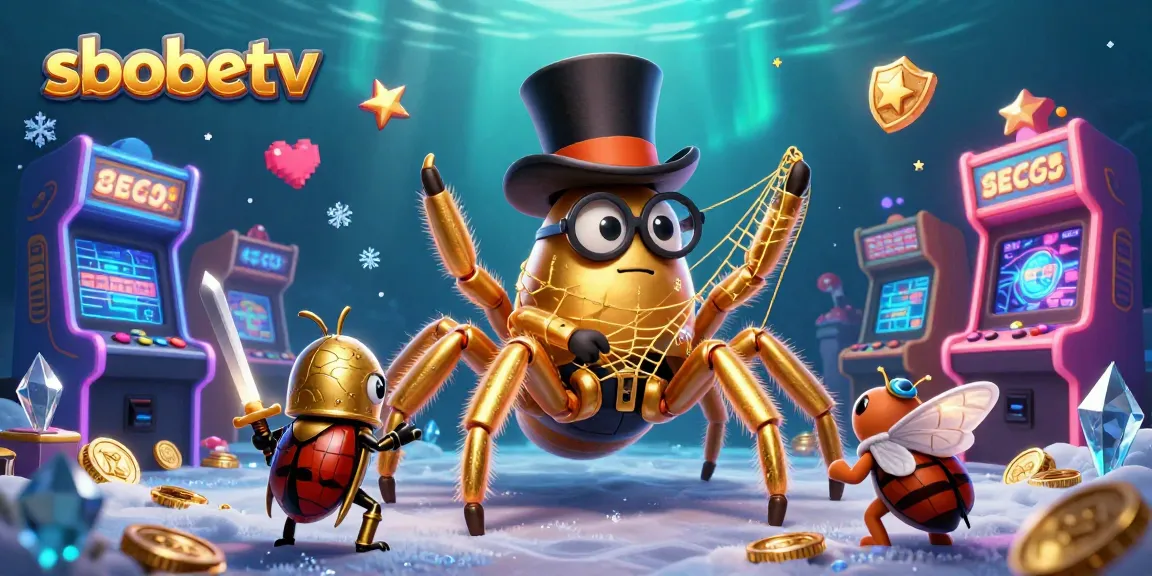 Engage with sbobetv's dynamic 3D casino experience featuring a golden tarantula and a brave beetle knight.