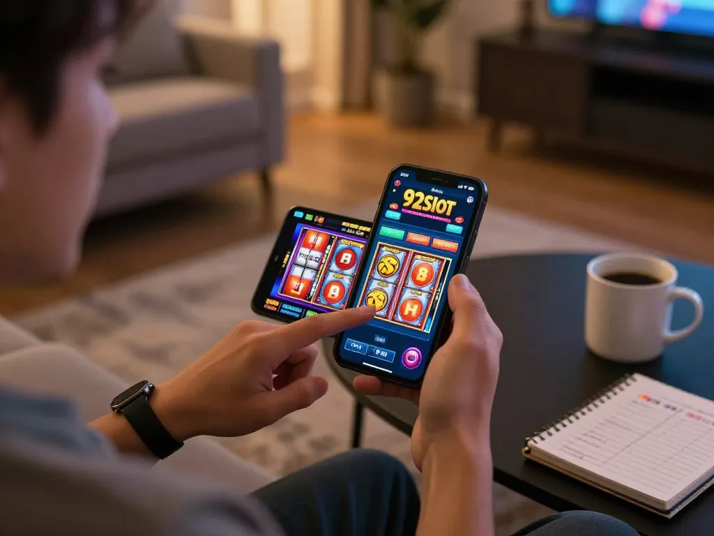 Player engaging with 92slot casino app on smartphone, spinning colorful slot machine reels