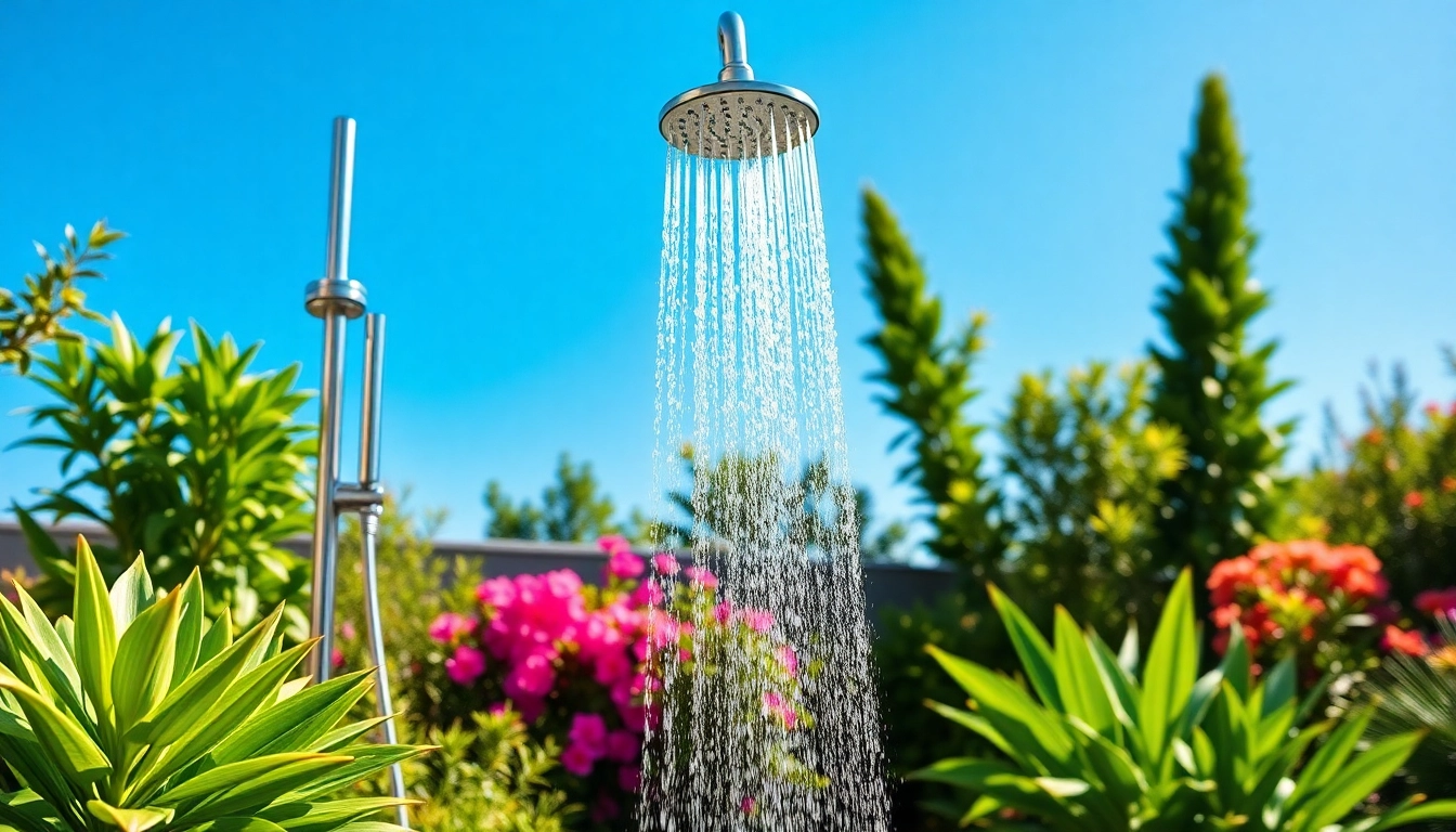 Experience the elegance of sunny shower usa inc with a modern outdoor shower in a vibrant garden.