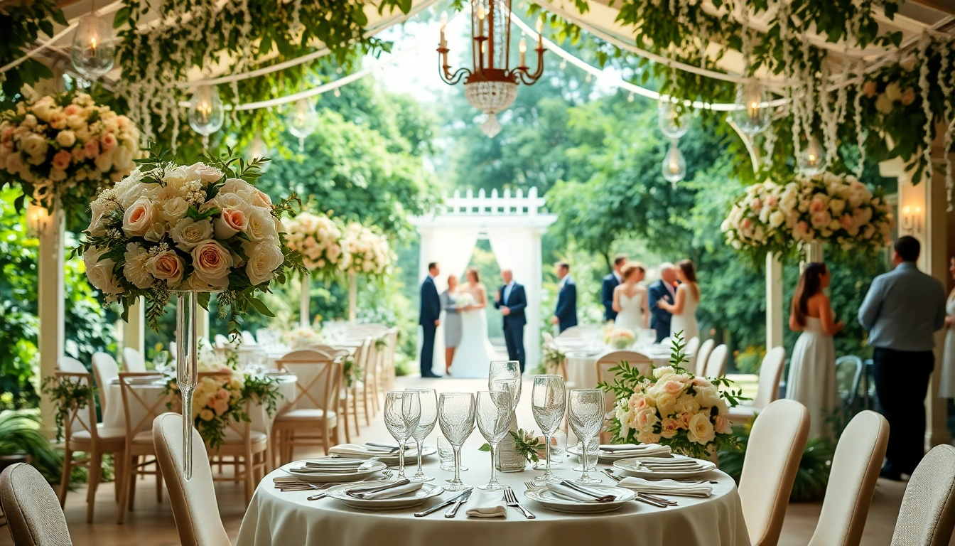 Beautifully decorated Weddings Venue surrounded by lush greenery with elegant table setting.