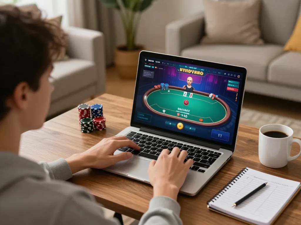 Engaged player using rokok 88 online poker platform on their laptop in a cozy home setting.