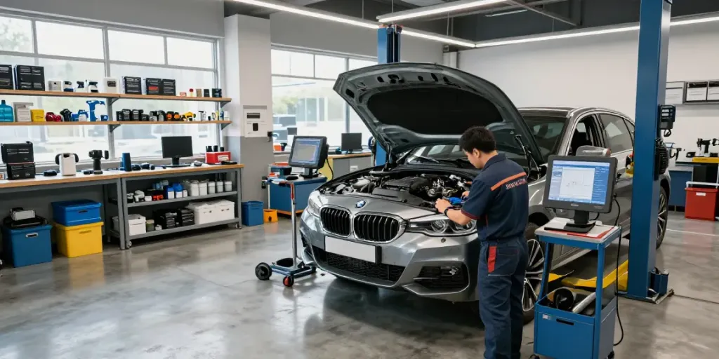 BMW Werkstatt Hannover, Mechaniker arbeitet an einem Motor mit hochwertigen Werkzeugen.