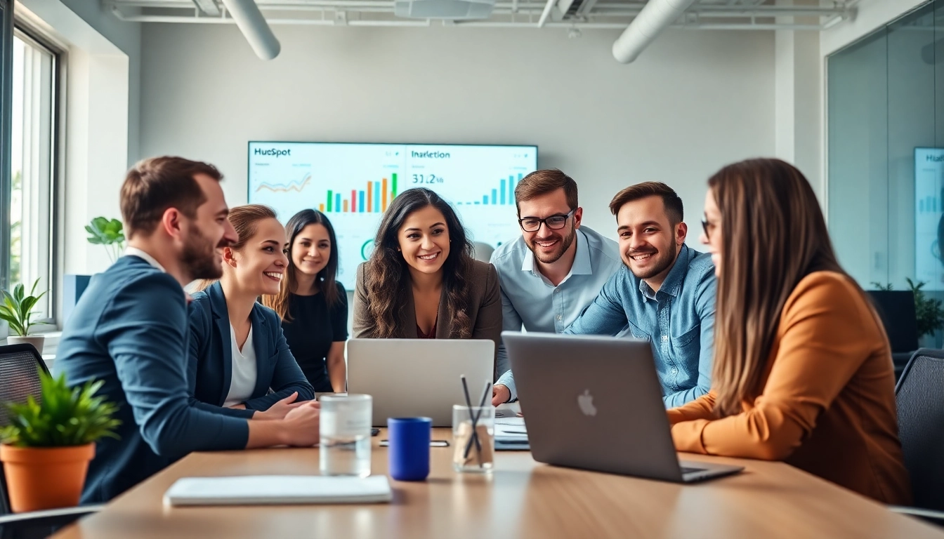 Utilize hubspot free tools in a vibrant digital marketing office setting for collaboration.