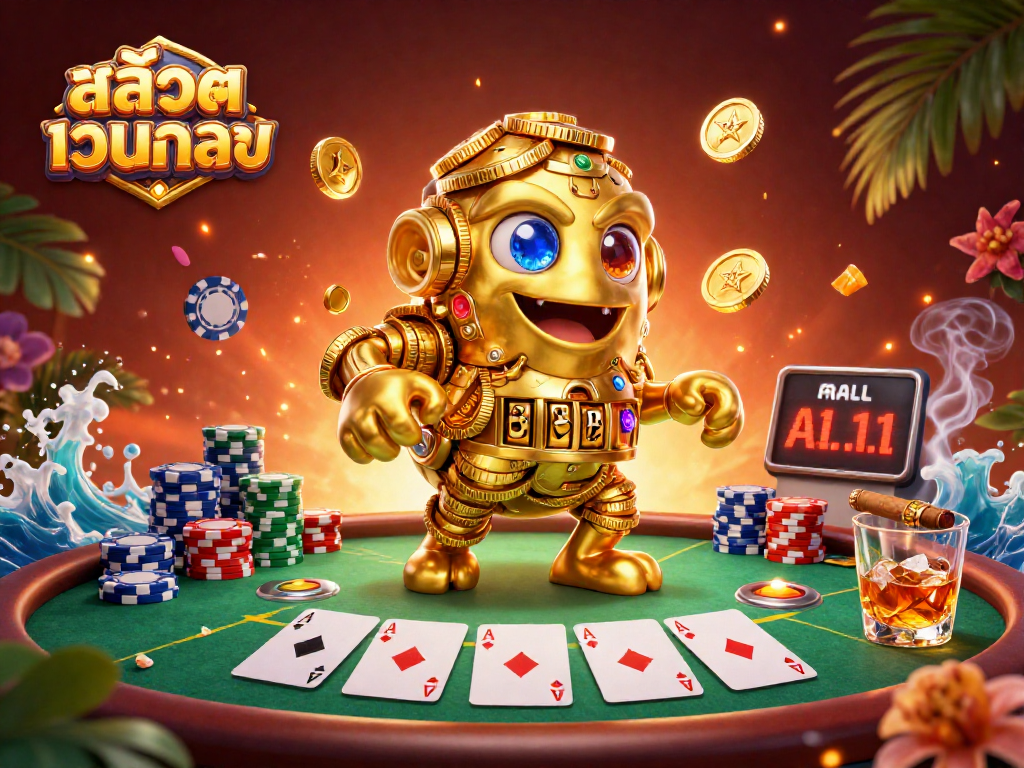 Play สล็อตเว็บตรง with 3D golden golem, poker elements, and casino excitement.