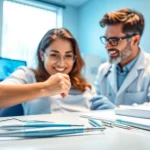 Dentist consulting with a patient in a modern clinic, highlighting care and professionalism.