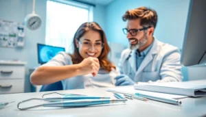 Dentist consulting with a patient in a modern clinic, highlighting care and professionalism.