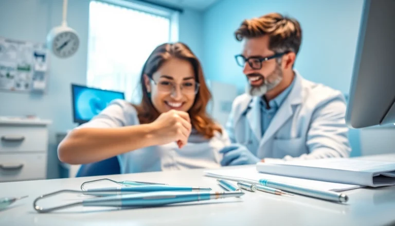 Dentist consulting with a patient in a modern clinic, highlighting care and professionalism.