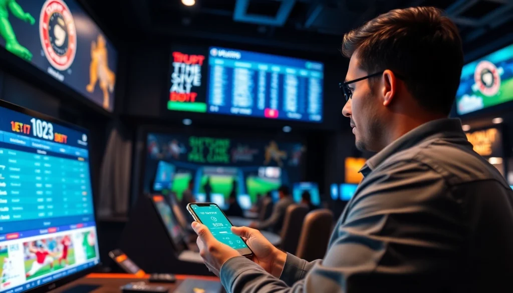 Engaging scene of sports betting in India, showcasing users interacting with betting apps and sports displays.