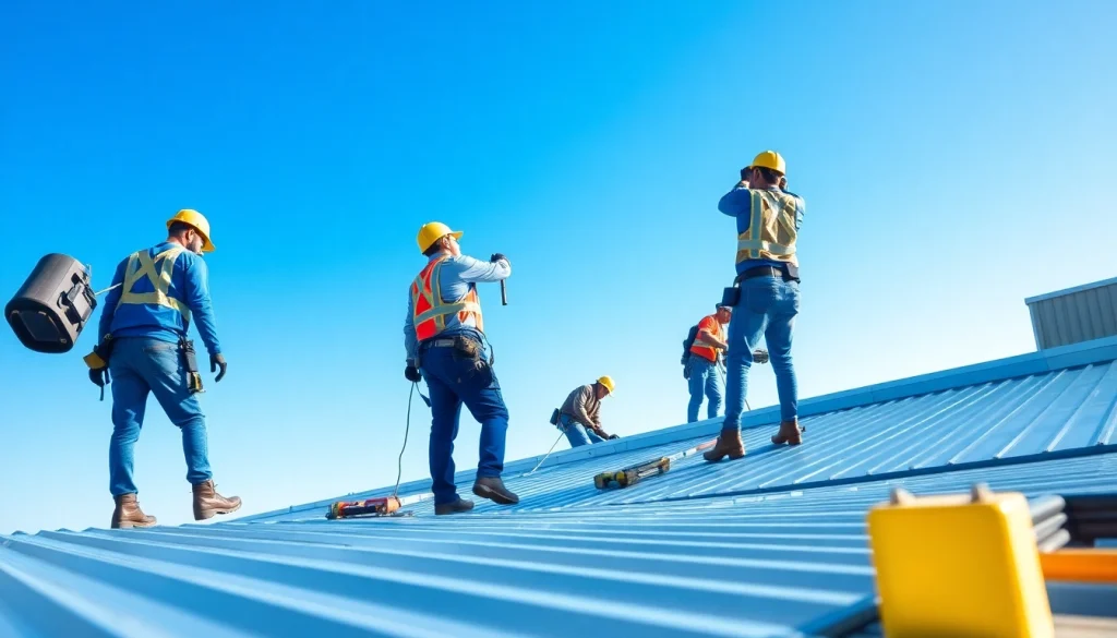 Workers efficiently performing commercial roofing services on a large building rooftop.