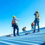 Workers efficiently performing commercial roofing services on a large building rooftop.