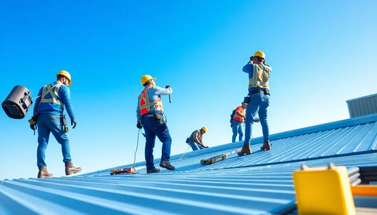 Workers efficiently performing commercial roofing services on a large building rooftop.