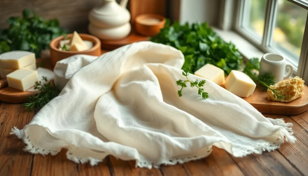 Een stijlvolle kaasdoek omringd door verse zuivelproducten en kruiden.