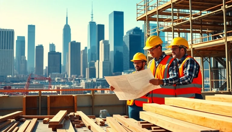 New York City General Contractor reviewing blueprints at an active construction site with skyline view.