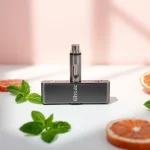 Elfbar Vapinggerät auf hellem Hintergrund, umgeben von frischen Minzblättern und Früchten.