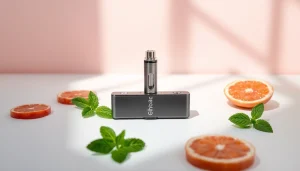 Elfbar Vapinggerät auf hellem Hintergrund, umgeben von frischen Minzblättern und Früchten.