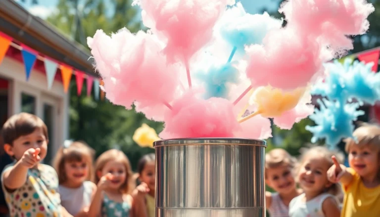 Maak wafel katoen met kleurrijke en fluffy creaties rond een gelukkige groep kinderen.