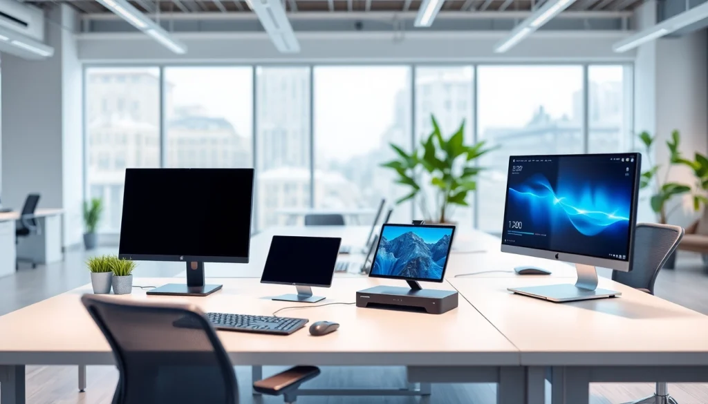 Showcasing technology interfaces in a modern workspace with innovative gadgets.