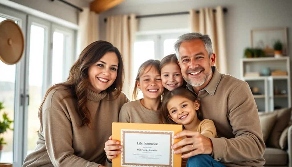 Secure family enjoying life insurance benefits in a cozy home setting, portraying safety and comfort.