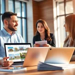 Real Estate agent advising clients with listings in a modern office setting