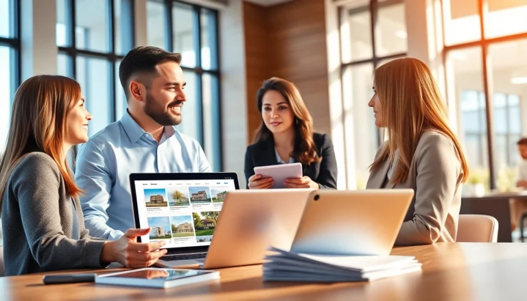 Real Estate agent advising clients with listings in a modern office setting
