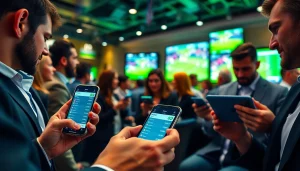 Engaged bettors using mobile apps at the best sportsbooks in Brazil in a lively betting environment.