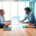 Analyze competitor pricing strategies with professionals collaborating in a bright modern office.