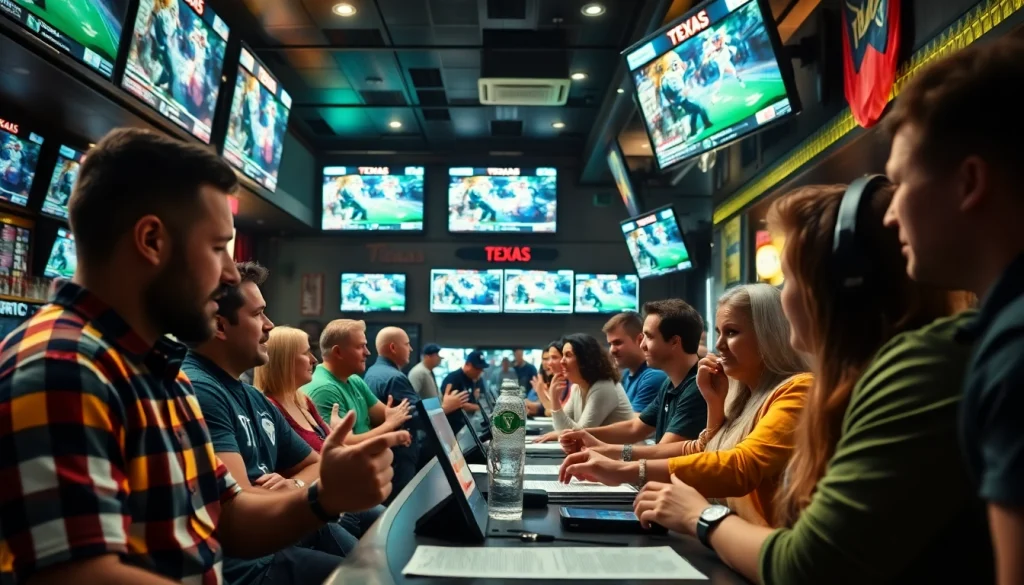 Engaged bettors analyzing sportsbooks in Texas during a lively sports event.